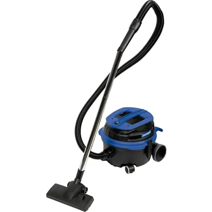 Blue and black wet-dry shop vacuum with a long metal wand and floor nozzle attached to a flexible hose