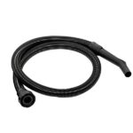 Black flexible corrugated vacuum hose, coiled, with a wide end connector and a tapered nozzle.