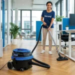 Woman in a blue Bernard shirt vacuums a bright office floor with a blue and black carpet extractor.