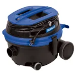 Blue and black Bernard wet/dry vacuum cleaner with a coiled cord, wheels, and hose ports.