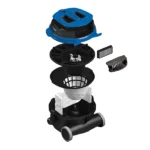 Exploded view of a pool pump and filter assembly, showing blue top cap, inner filter cartridges, and inlet/outlet housing pieces.
