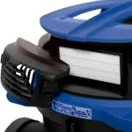 Close-up of a blue vacuum cleaner with a white pleated filter and an open black side cover.