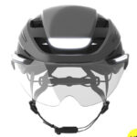 Gray sports helmet with a clear face shield and chin strap attached.