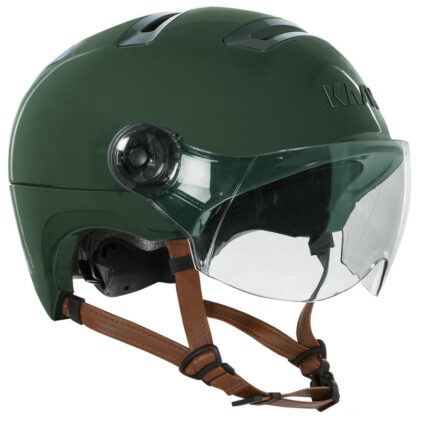 Green full-face helmet with clear visor and brown leather chin straps, isolated on white background.