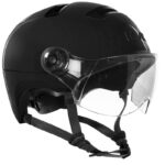 Black motorcycle helmet with clear wraparound face shield and adjustable chin straps on a white background.