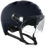 Navy blue helmet with a clear attached visor and adjustable chin strap, shown from a side angle for a product image