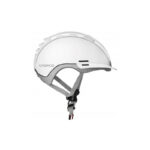 White Casco cycling helmet with chin strap, side vents, and an adjustable gray strap system