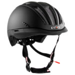 Black Casco bicycle helmet shown from the side with ventilation slits and adjustable chin straps