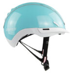 Turquoise Casco bicycle helmet with white visor and adjustable black chin strap