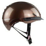 Brown glossy Casco bicycle helmet with chin strap and buckle, shown from the side surface view