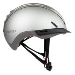 Casco silver bicycle helmet shown in side view with chin strap and black fasteners.