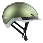 Green matte bike helmet with black adjustable chin strap and Caseco logo visible on the side, viewed from the side