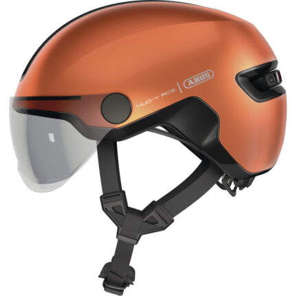 Copper-colored bike helmet with a clear flip-down visor and adjustable black chin strap.
