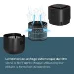 Diagram of an air purifier's filter with automatic drying feature, showing air flow arrows to dry the filter and reduce bacteria formation.