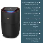 Beurer humidifier with blue light on top left; blue panel on the right lists French features like humidity indicators and timer.