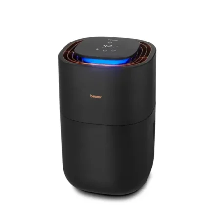 Black Beurer compact air purifier with a blue indicator light on the top touch panel.
