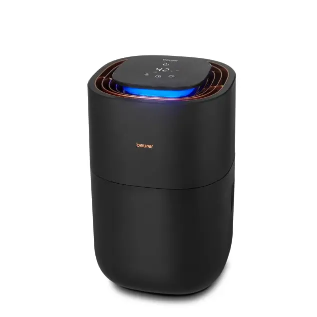 lb300-main-product-v01-beurer - NEVORIXT Black Beurer compact air purifier with a blue indicator light on the top touch panel.