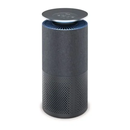 Tall cylindrical air purifier with dark fabric cover and perforated lower section; round top panel with controls.