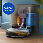 Robot vacuum with a blue badge reading '5-in-1 Auto Clean' on the left side of the image