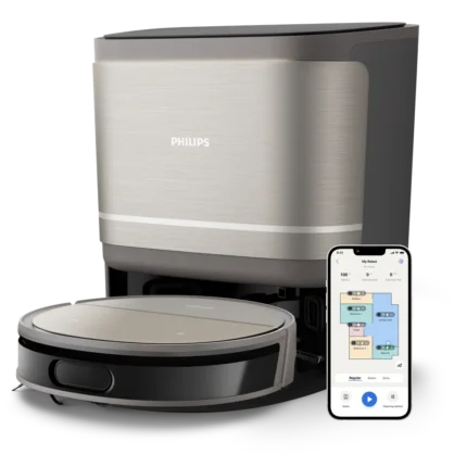 Philips robotic vacuum on a charging dock with a connected smartphone showing a home cleaning map.