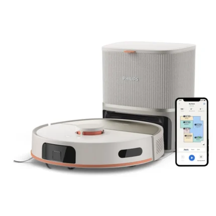 Philips robotic vacuum on its dock with a smartphone showing the cleaning app