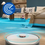 Robot vacuum on a wooden floor cleaning a cozy living room with a beige sofa and blue 360° navigation rings