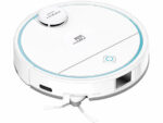 White circular robotic vacuum cleaner with a blue accent ring, viewed from above at an angle, showing the side brushes and dock connector.
