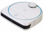 Round white robot vacuum with a blue ring on top, for autonomous floor cleaning.