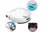 White robotic vacuum with blue LED ring, shown with close-ups of the dustbin and charging/base area.