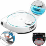 White robotic vacuum with blue LED ring, shown with close-ups of the dustbin and charging/base area.