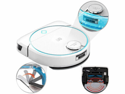 White robotic vacuum with blue LED ring, shown with close-ups of the dustbin and charging/base area.