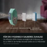 Exploded diagram of a vacuum cleaner's filtration stack showing S-BAG anti-allergy, motor protection filter, and washable allergy plus filter labeled in German.