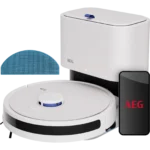 AEG robotic vacuum with charging dock and blue cleaning pad, shown with a smartphone displaying the AEG app/logo (home cleaning setup)