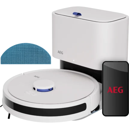 AEG robotic vacuum with charging dock and blue cleaning pad, shown with a smartphone displaying the AEG app/logo (home cleaning setup)