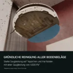 Circular robot vacuum with a blue cleaning pad on the floor; German advertisement text overlays emphasize thorough cleaning of all floor coverings (carpets and hard floors).
