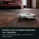 Robot vacuum cleaner on wooden floor in a living room, with a red sofa and blanket in the background, cleaning dust and debris.