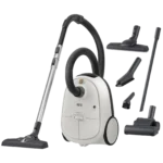Canister vacuum cleaner with multiple attachments (floor head, hose, crevice tools) laid out around it for cleaning household floors and upholstery.