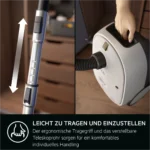 Split-image: an ergonomic, adjustable telescoping wand on the left and a handheld vacuum unit on the right, highlighting easy carrying and adjustment.