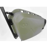 Olive-green rugged bicycle pannier bag mounted on a rack, with a subtle mountain logo on the side and hardware visible.