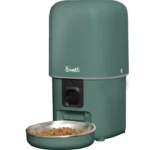 Green automatic pet feeder with a stainless steel bowl of dry kibble in front