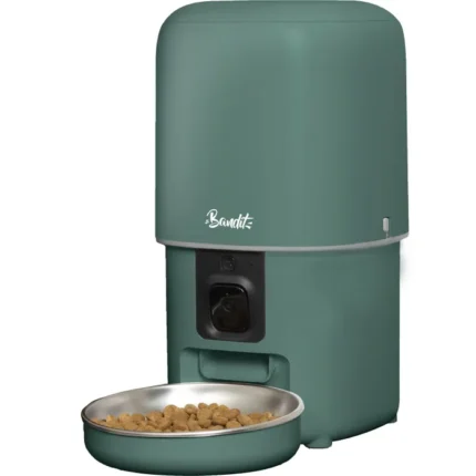 Green automatic pet feeder with a stainless steel bowl of dry kibble in front