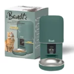Teal Bandit automatic cat feeder with a stainless steel bowl, shown beside its packaging box.