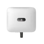 White Huawei wireless router with a rounded-square body, a black central status panel bearing the logo, and a power/USB plug at the bottom.