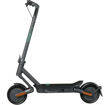 Gray electric scooter with tall adjustable handlebar, long deck, and orange accents on the wheels (urban commuter model).