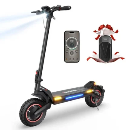 Electric scooter with front headlight on, a smartphone/app display shown, and a wrapped gift box suggesting a bonus accessory.