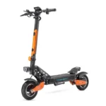 Orange and black electric scooter with large rugged wheels and a tall stem, ready for off-road use