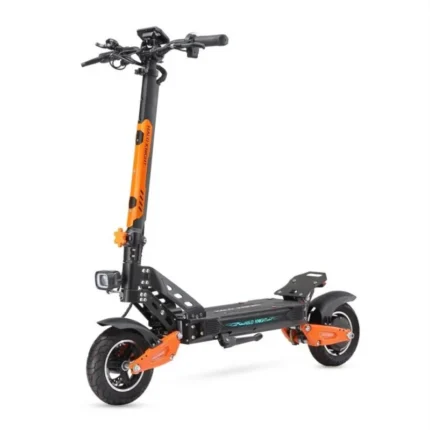 Orange and black electric scooter with large rugged wheels and a tall stem, ready for off-road use