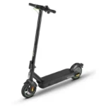 Black electric scooter with a tall handlebar, wide deck, and lime-green accents on the wheels.