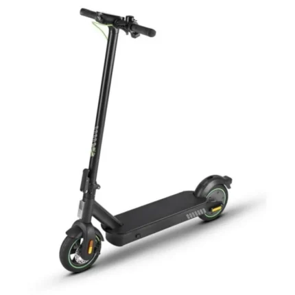Black electric scooter with a tall handlebar, wide deck, and lime-green accents on the wheels.
