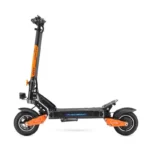 Black electric scooter with orange suspension accents, tall stem, and two large wheels; deck labeled Halo Knight, shown folded ready for riding.